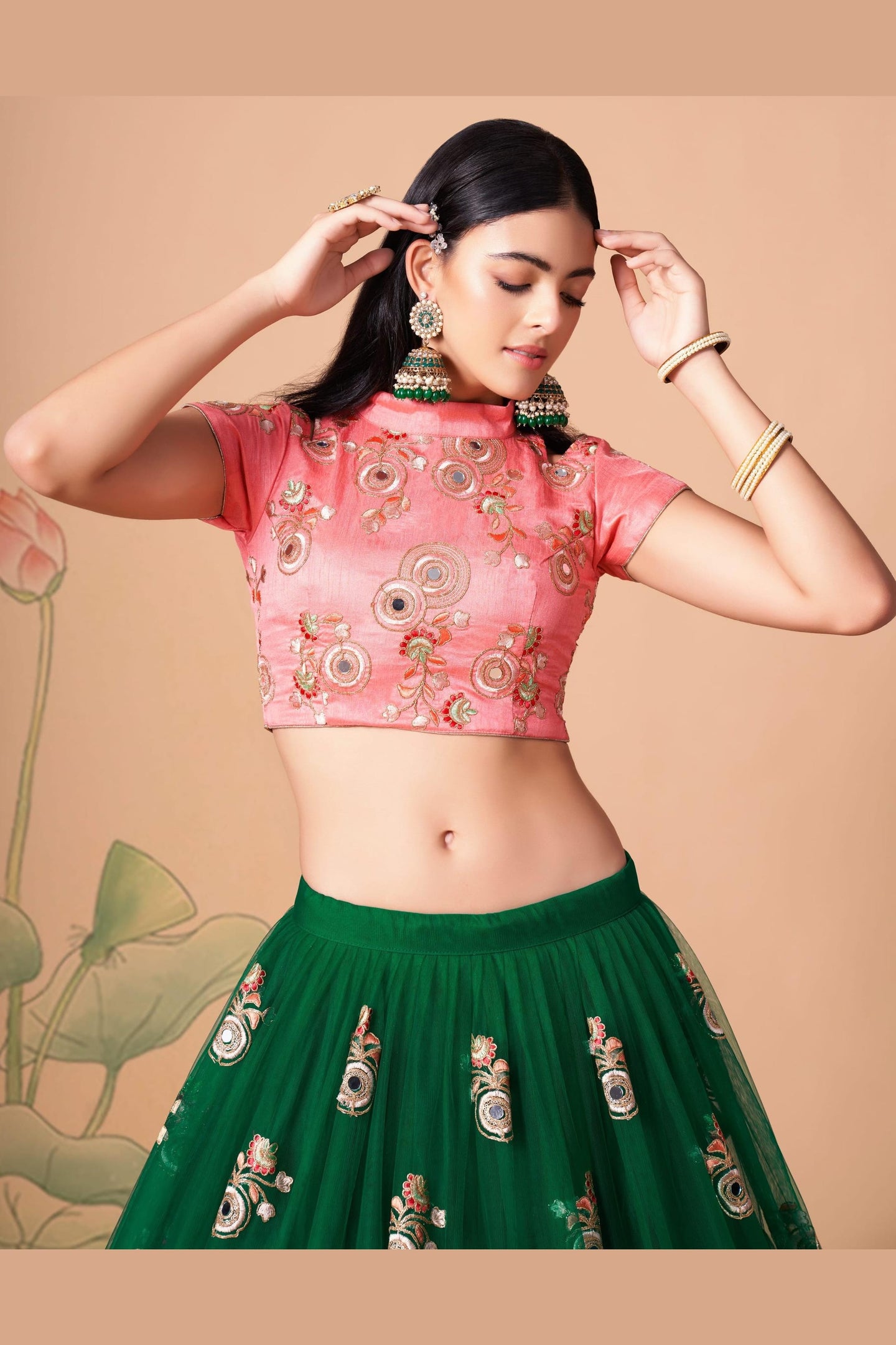 Green Art Silk Lehenga Choli For Indian & Pakistani Wedding Festival - Sequins & Thread Embroidery Work, Zari Work, Real Mirror Work, Mirr