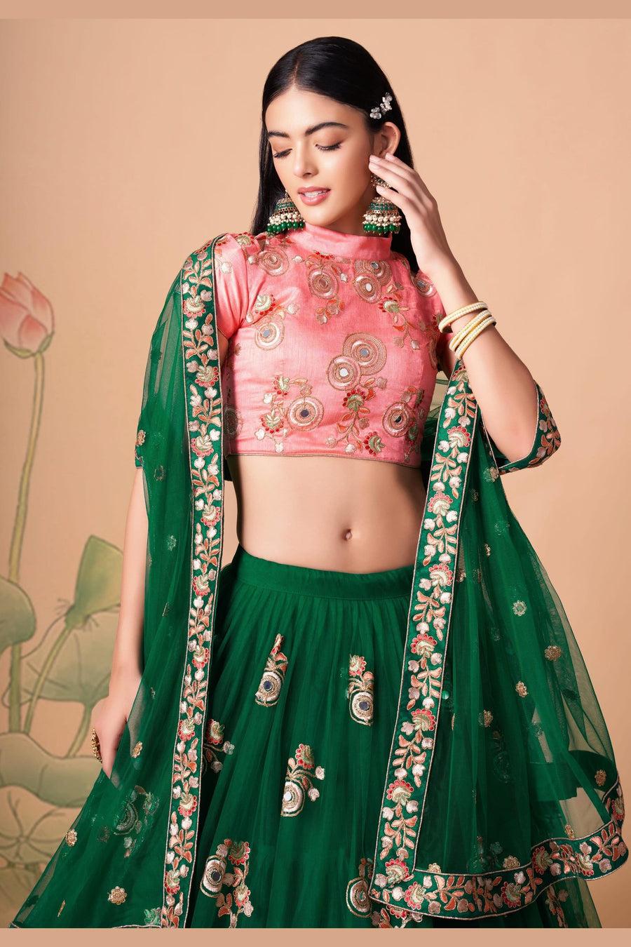 Green Art Silk Lehenga Choli For Indian & Pakistani Wedding Festival - Sequins & Thread Embroidery Work, Zari Work, Real Mirror Work, Mirr