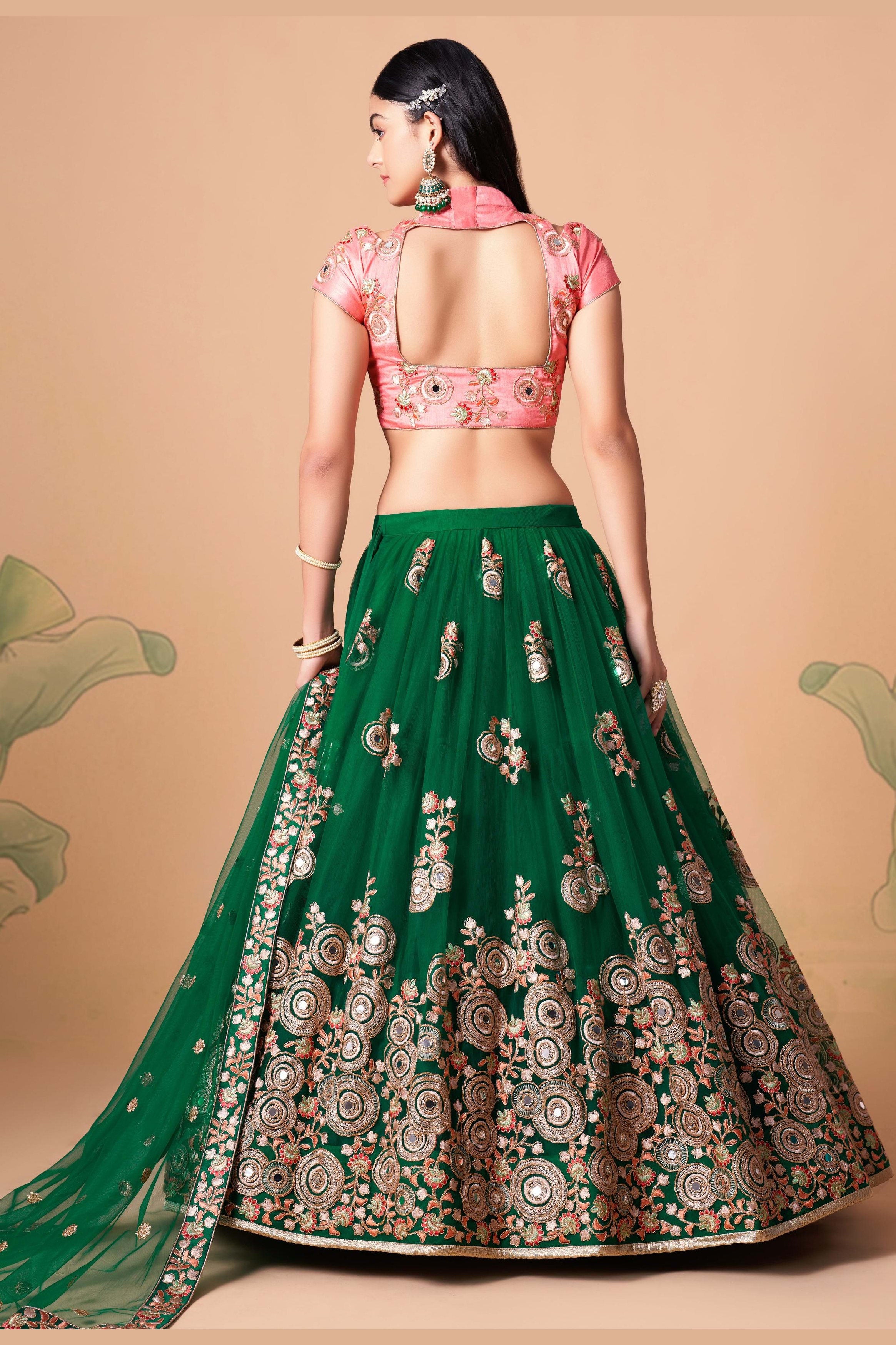 Green Art Silk Lehenga Choli For Indian & Pakistani Wedding Festival - Sequins & Thread Embroidery Work, Zari Work, Real Mirror Work, Mirr