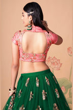 Green Art Silk Lehenga Choli For Indian & Pakistani Wedding Festival - Sequins & Thread Embroidery Work, Zari Work, Real Mirror Work, Mirr