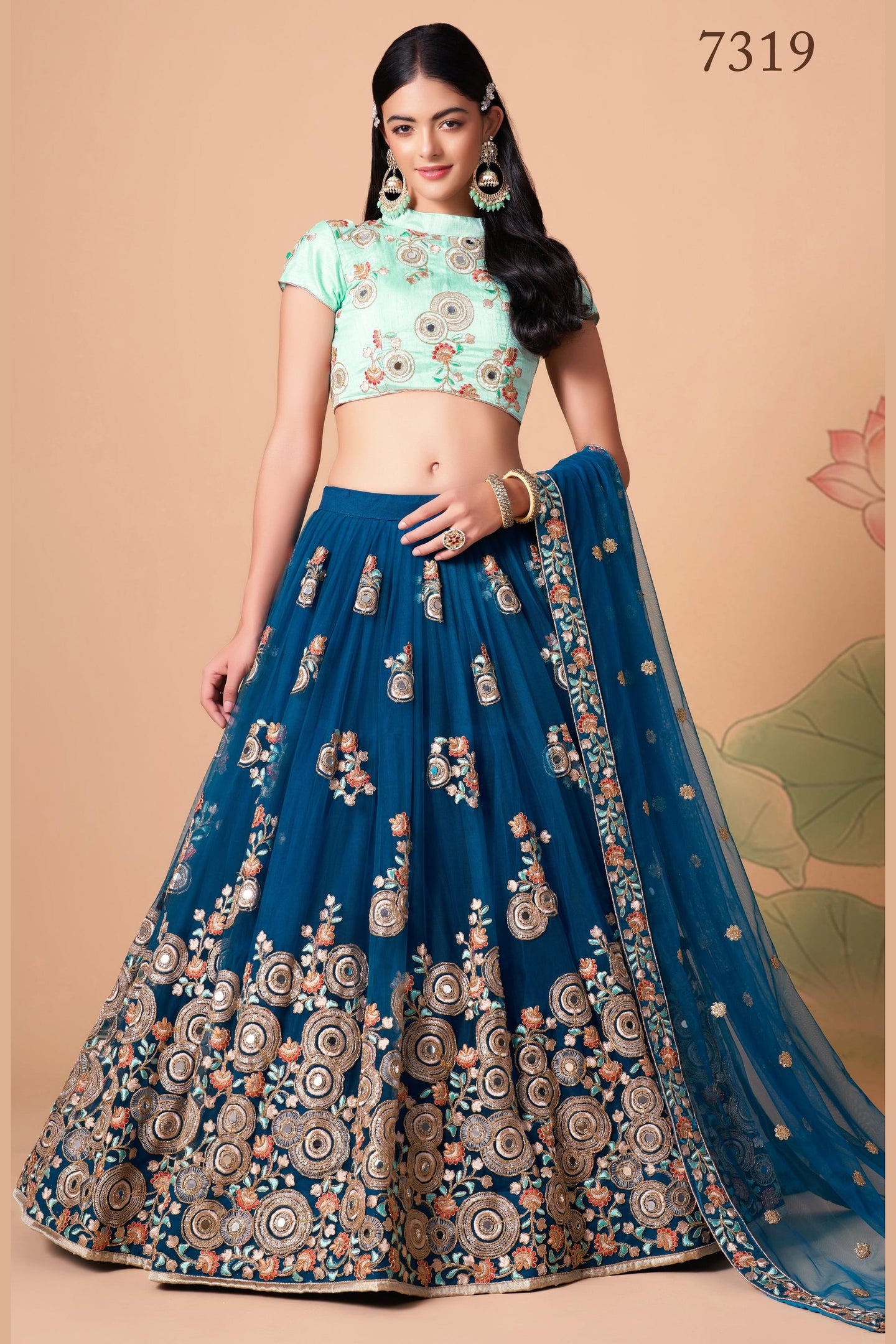 Navy Blue Art Silk Lehenga Choli For Indian & Pakistani Wedding Festival - Sequins & Thread Embroidery Work, Zari Work, Real Mirror Work, Mirr
