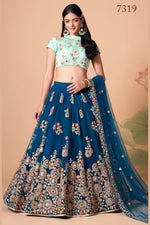 Navy Blue Art Silk Lehenga Choli For Indian & Pakistani Wedding Festival - Sequins & Thread Embroidery Work, Zari Work, Real Mirror Work, Mirr