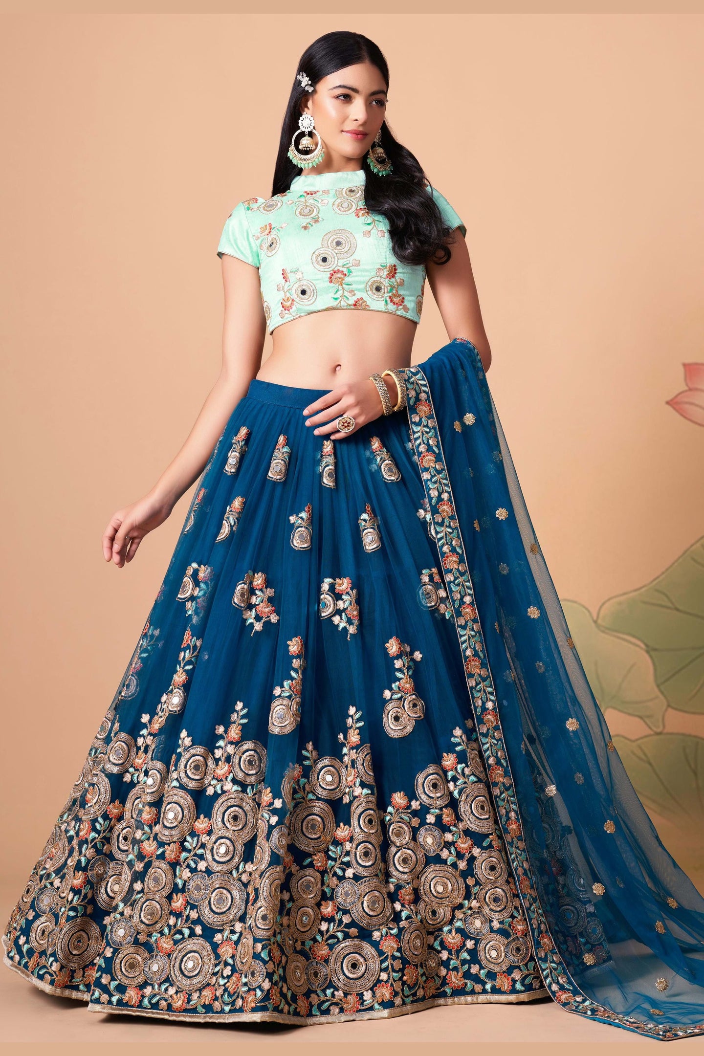Navy Blue Art Silk Lehenga Choli For Indian & Pakistani Wedding Festival - Sequins & Thread Embroidery Work, Zari Work, Real Mirror Work, Mirr