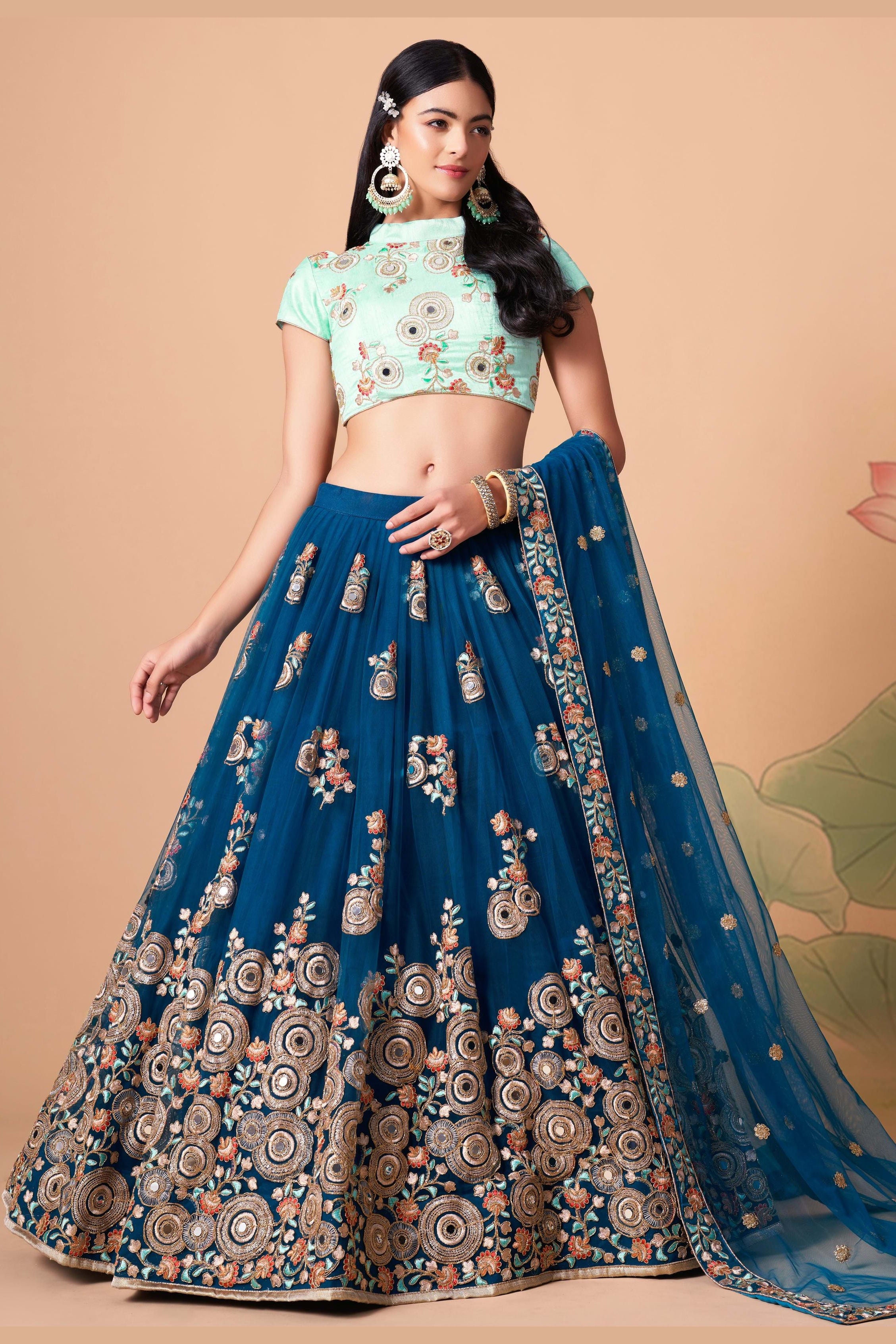 Navy Blue Art Silk Lehenga Choli For Indian & Pakistani Wedding Festival - Sequins & Thread Embroidery Work, Zari Work, Real Mirror Work, Mirr