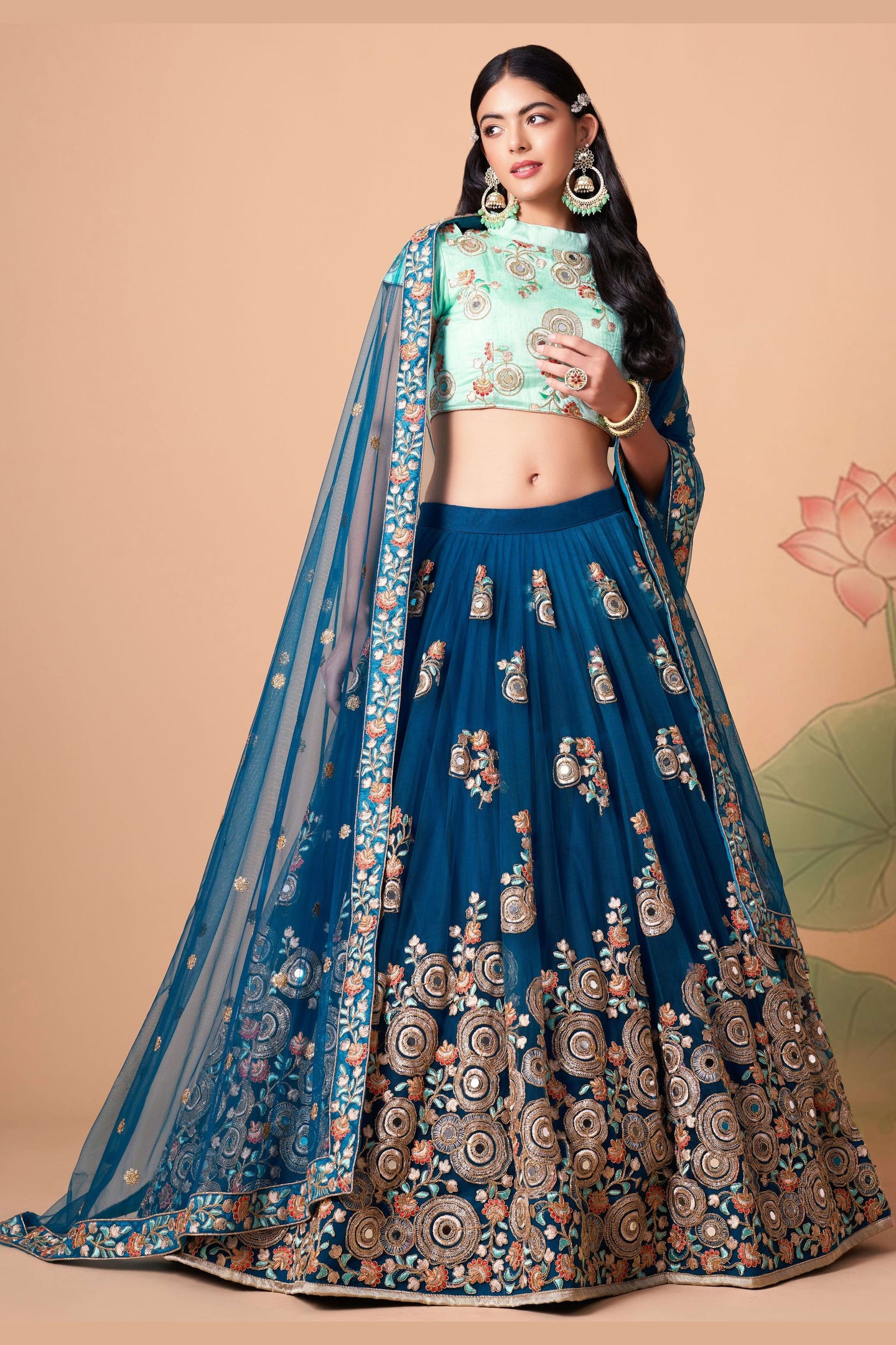 Navy Blue Art Silk Lehenga Choli For Indian & Pakistani Wedding Festival - Sequins & Thread Embroidery Work, Zari Work, Real Mirror Work, Mirr