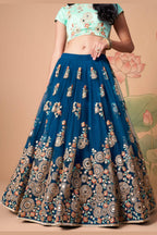 Navy Blue Art Silk Lehenga Choli For Indian & Pakistani Wedding Festival - Sequins & Thread Embroidery Work, Zari Work, Real Mirror Work, Mirr