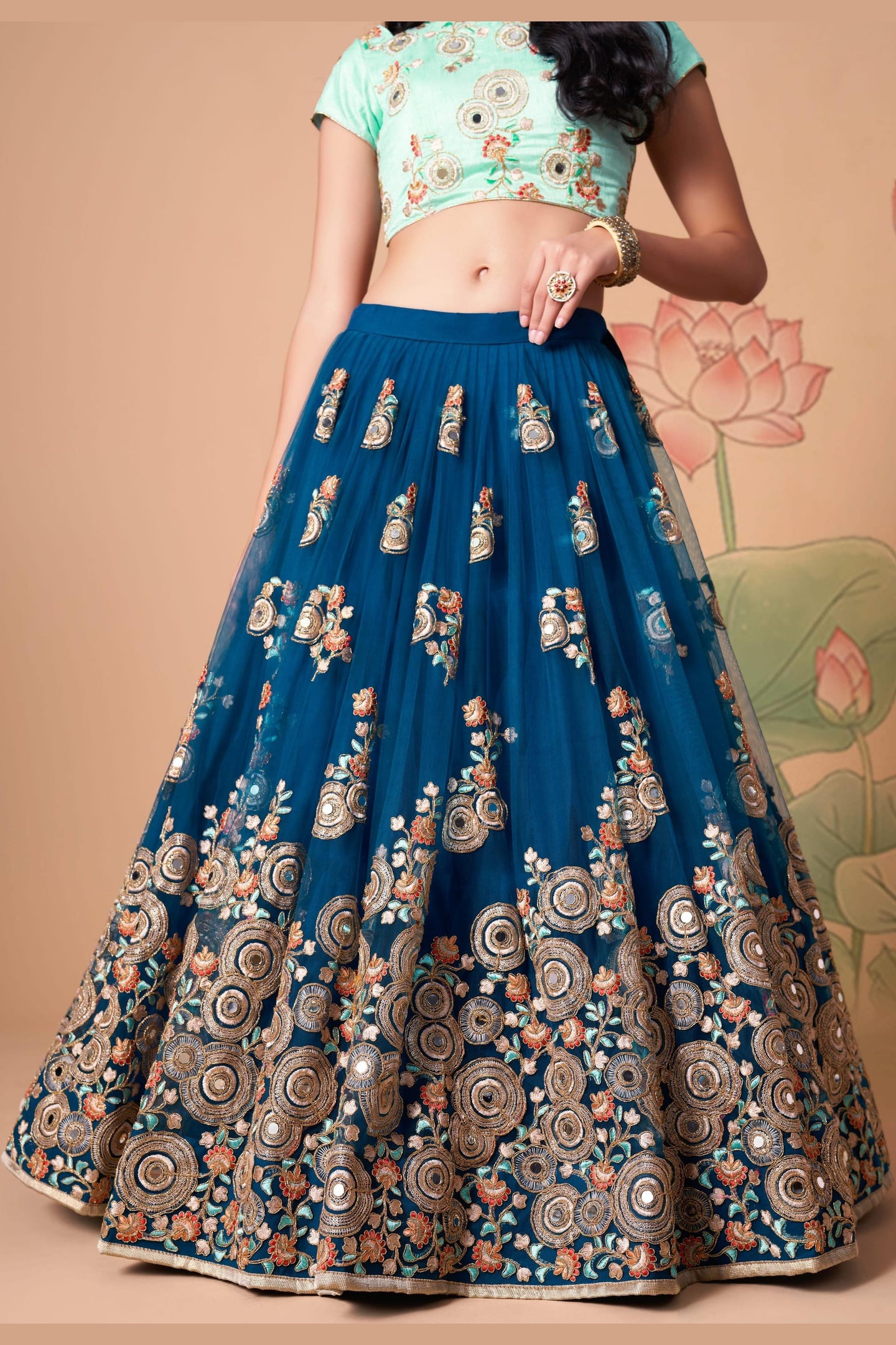 Navy Blue Art Silk Lehenga Choli For Indian & Pakistani Wedding Festival - Sequins & Thread Embroidery Work, Zari Work, Real Mirror Work, Mirr
