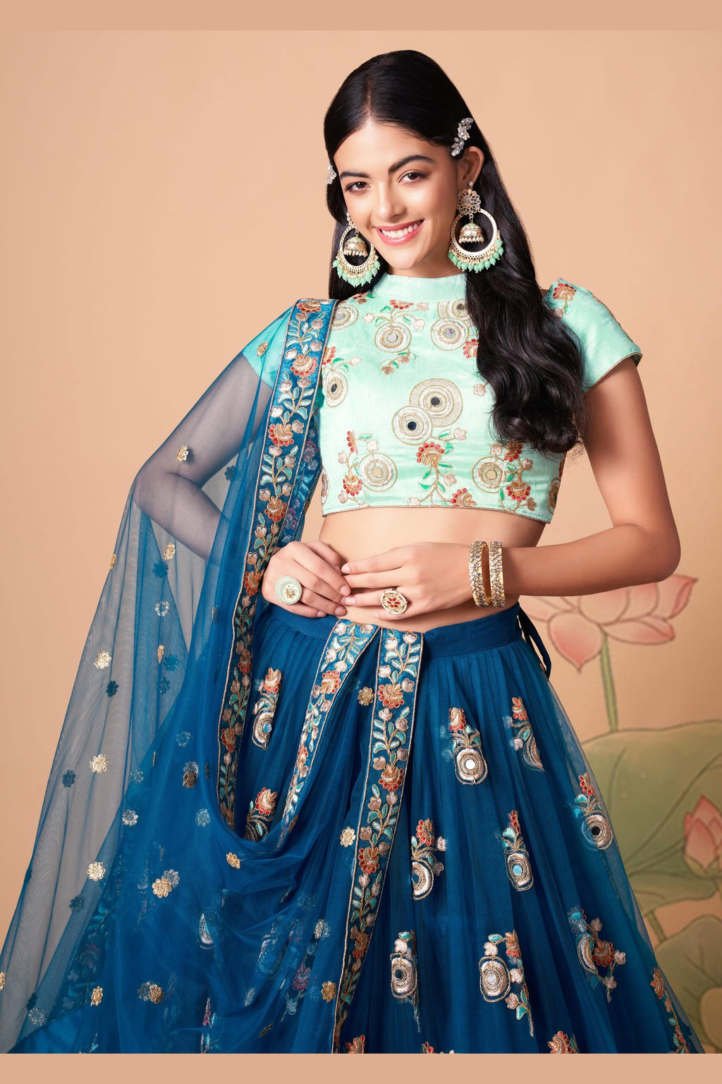Navy Blue Art Silk Lehenga Choli For Indian & Pakistani Wedding Festival - Sequins & Thread Embroidery Work, Zari Work, Real Mirror Work, Mirr