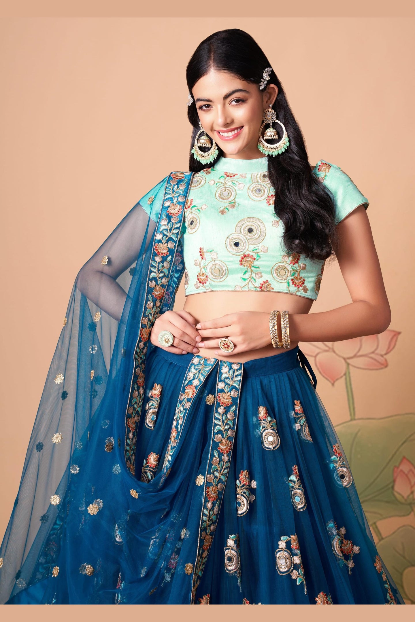 Navy Blue Art Silk Lehenga Choli For Indian & Pakistani Wedding Festival - Sequins & Thread Embroidery Work, Zari Work, Real Mirror Work, Mirr