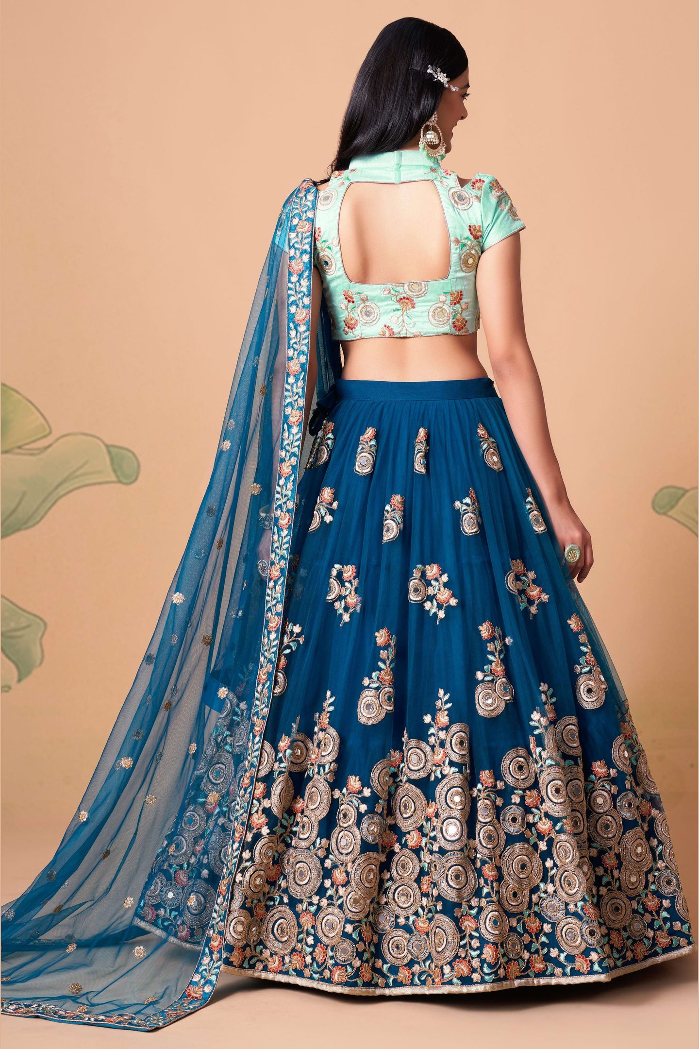 Navy Blue Art Silk Lehenga Choli For Indian & Pakistani Wedding Festival - Sequins & Thread Embroidery Work, Zari Work, Real Mirror Work, Mirr