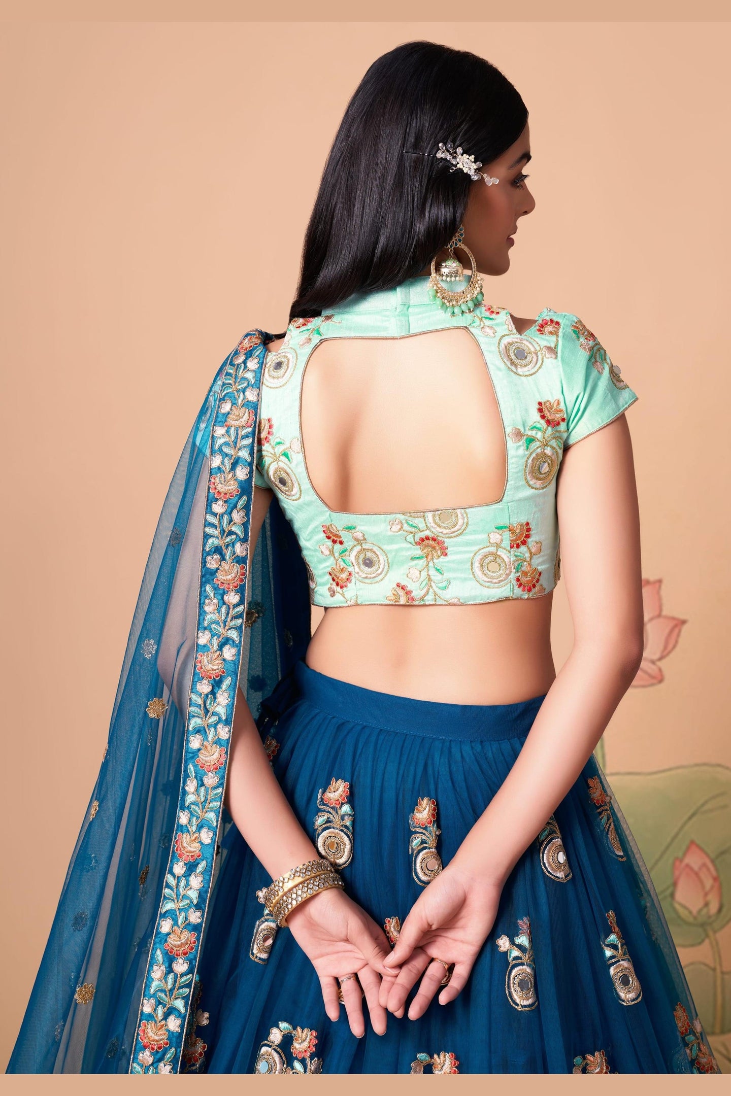 Navy Blue Art Silk Lehenga Choli For Indian & Pakistani Wedding Festival - Sequins & Thread Embroidery Work, Zari Work, Real Mirror Work, Mirr