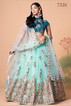 Sky Blue Art Silk Lehenga Choli For Indian & Pakistani Wedding Festival - Sequins & Thread Embroidery Work, Zari Work, Real Mirror Work, Mirr
