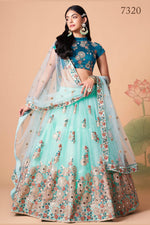 Sky Blue Art Silk Lehenga Choli For Indian & Pakistani Wedding Festival - Sequins & Thread Embroidery Work, Zari Work, Real Mirror Work, Mirr