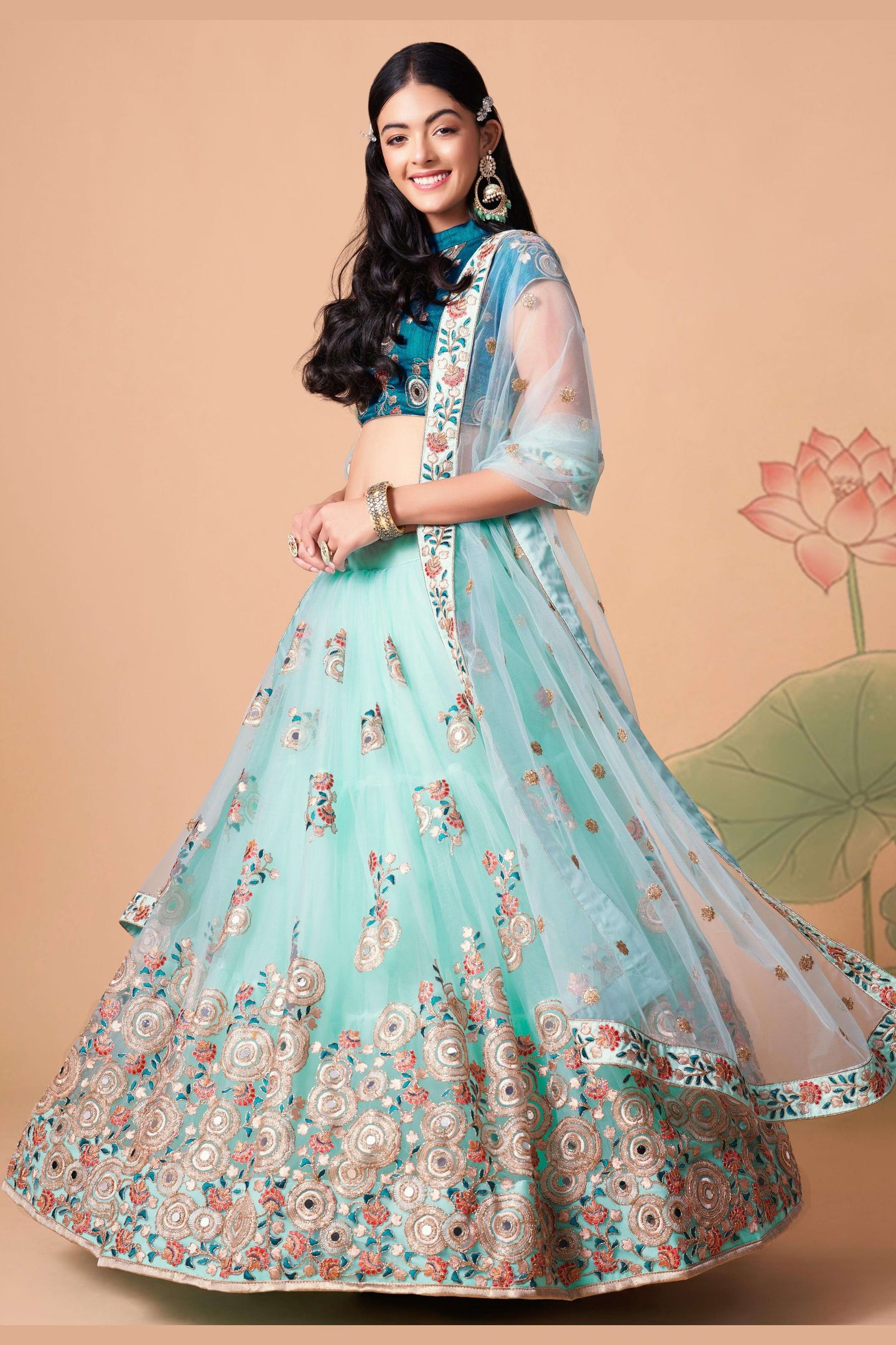 Sky Blue Art Silk Lehenga Choli For Indian & Pakistani Wedding Festival - Sequins & Thread Embroidery Work, Zari Work, Real Mirror Work, Mirr