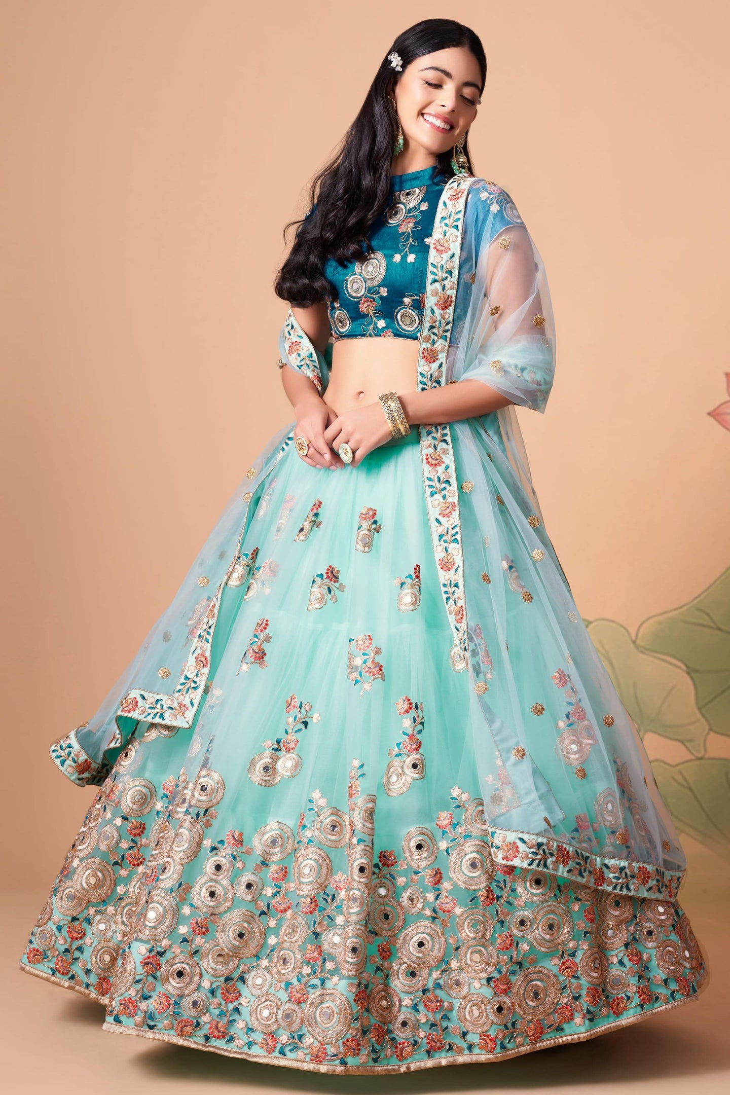 Sky Blue Art Silk Lehenga Choli For Indian & Pakistani Wedding Festival - Sequins & Thread Embroidery Work, Zari Work, Real Mirror Work, Mirr