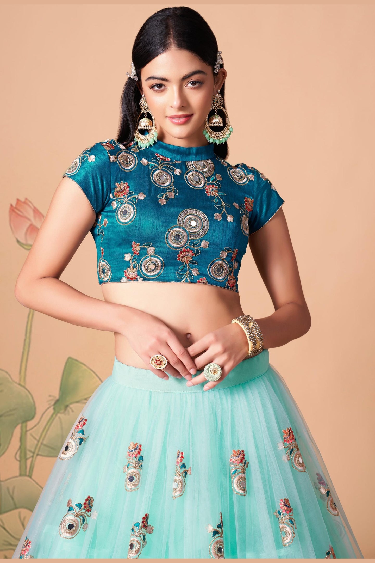 Sky Blue Art Silk Lehenga Choli For Indian & Pakistani Wedding Festival - Sequins & Thread Embroidery Work, Zari Work, Real Mirror Work, Mirr