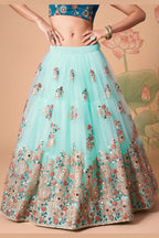 Sky Blue Art Silk Lehenga Choli For Indian & Pakistani Wedding Festival - Sequins & Thread Embroidery Work, Zari Work, Real Mirror Work, Mirr