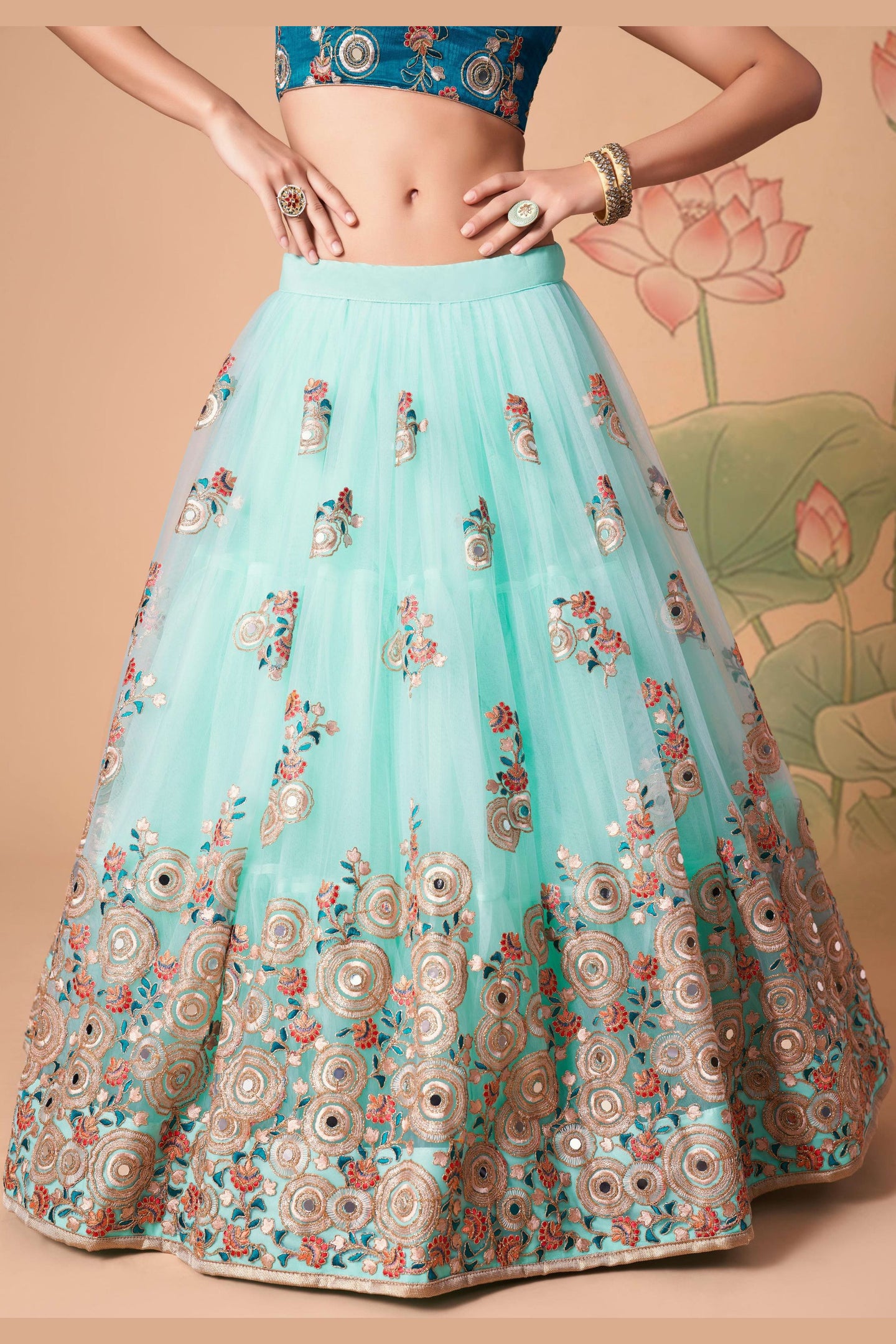 Sky Blue Art Silk Lehenga Choli For Indian & Pakistani Wedding Festival - Sequins & Thread Embroidery Work, Zari Work, Real Mirror Work, Mirr