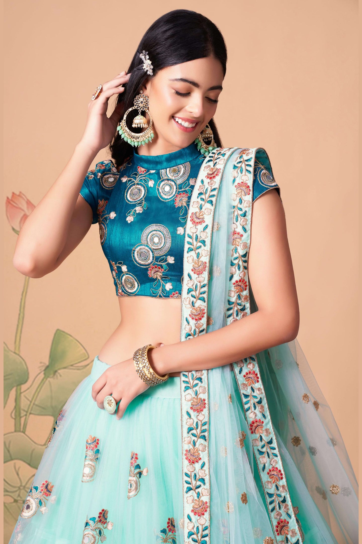 Sky Blue Art Silk Lehenga Choli For Indian & Pakistani Wedding Festival - Sequins & Thread Embroidery Work, Zari Work, Real Mirror Work, Mirr