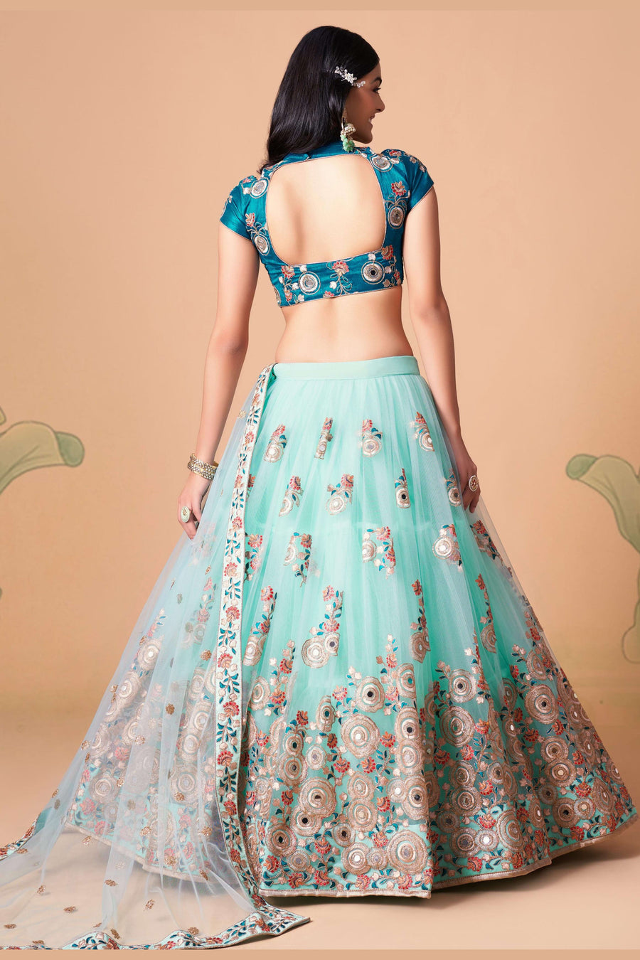 Sky Blue Art Silk Lehenga Choli For Indian & Pakistani Wedding Festival - Sequins & Thread Embroidery Work, Zari Work, Real Mirror Work, Mirr