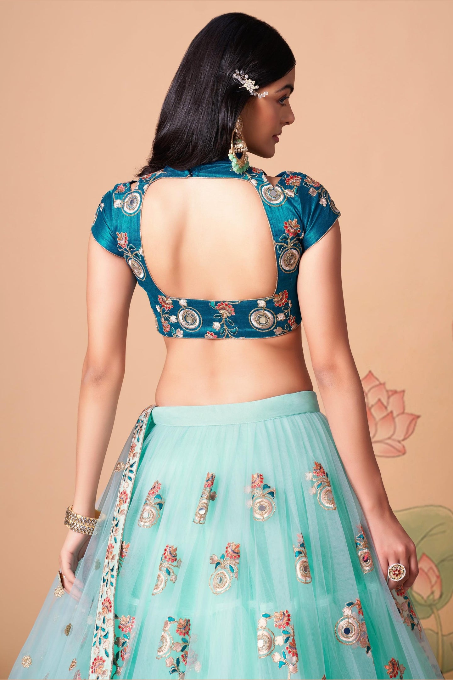 Sky Blue Art Silk Lehenga Choli For Indian & Pakistani Wedding Festival - Sequins & Thread Embroidery Work, Zari Work, Real Mirror Work, Mirr