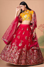 Red Art Silk Lehenga Choli For Indian & Pakistani Wedding Festival - Sequins & Thread Embroidery Work, Zari Work, Real Mirror Work, Mirr
