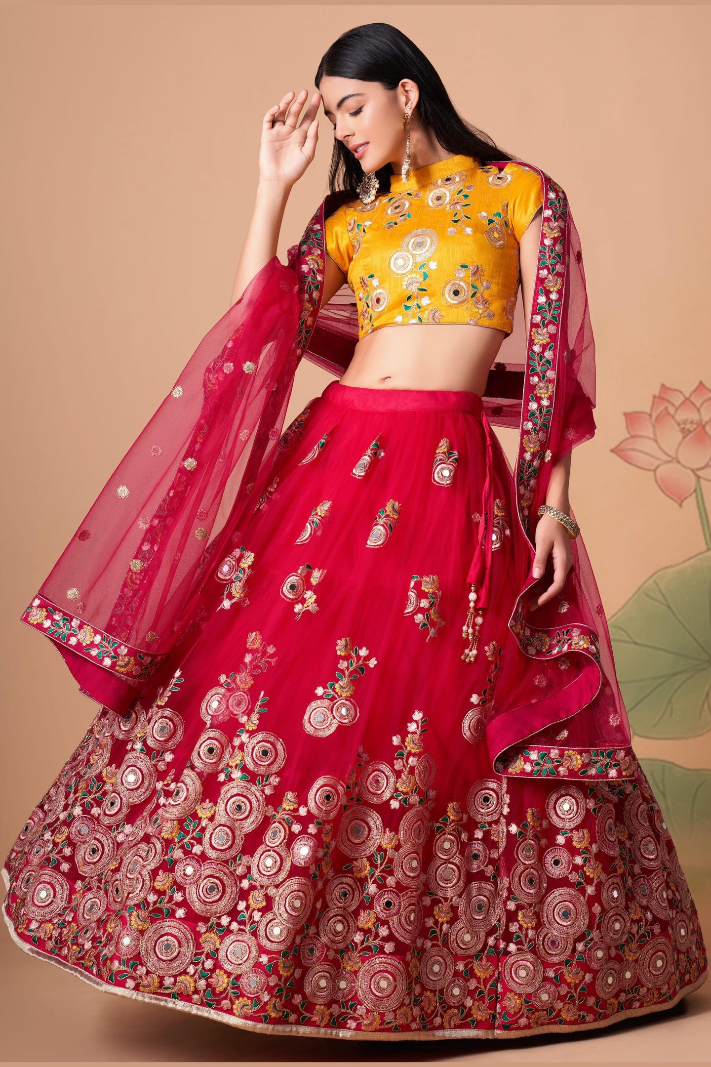 Red Art Silk Lehenga Choli For Indian & Pakistani Wedding Festival - Sequins & Thread Embroidery Work, Zari Work, Real Mirror Work, Mirr