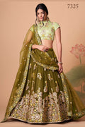 Olive Green Art Silk Lehenga Choli For Indian & Pakistani Wedding Festival - Sequins & Thread Embroidery Work, Zari Work, Real Mirror Work, Mirr