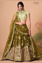 Olive Green Art Silk Lehenga Choli For Indian & Pakistani Wedding Festival - Sequins & Thread Embroidery Work, Zari Work, Real Mirror Work, Mirr
