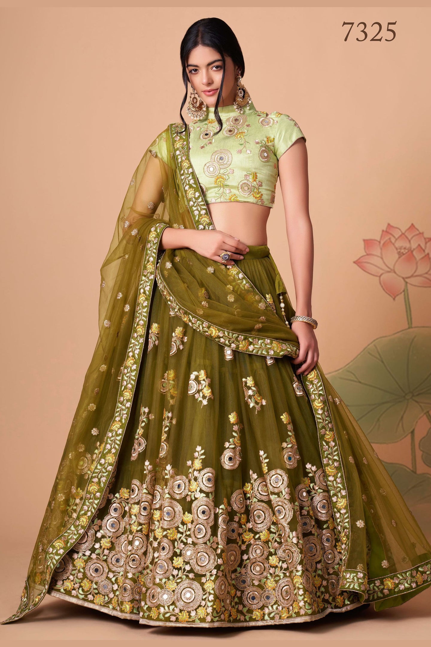 Olive Green Art Silk Lehenga Choli For Indian & Pakistani Wedding Festival - Sequins & Thread Embroidery Work, Zari Work, Real Mirror Work, Mirr
