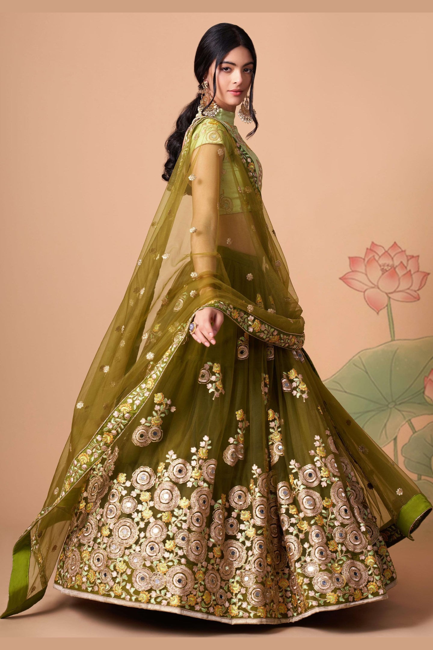 Olive Green Art Silk Lehenga Choli For Indian & Pakistani Wedding Festival - Sequins & Thread Embroidery Work, Zari Work, Real Mirror Work, Mirr
