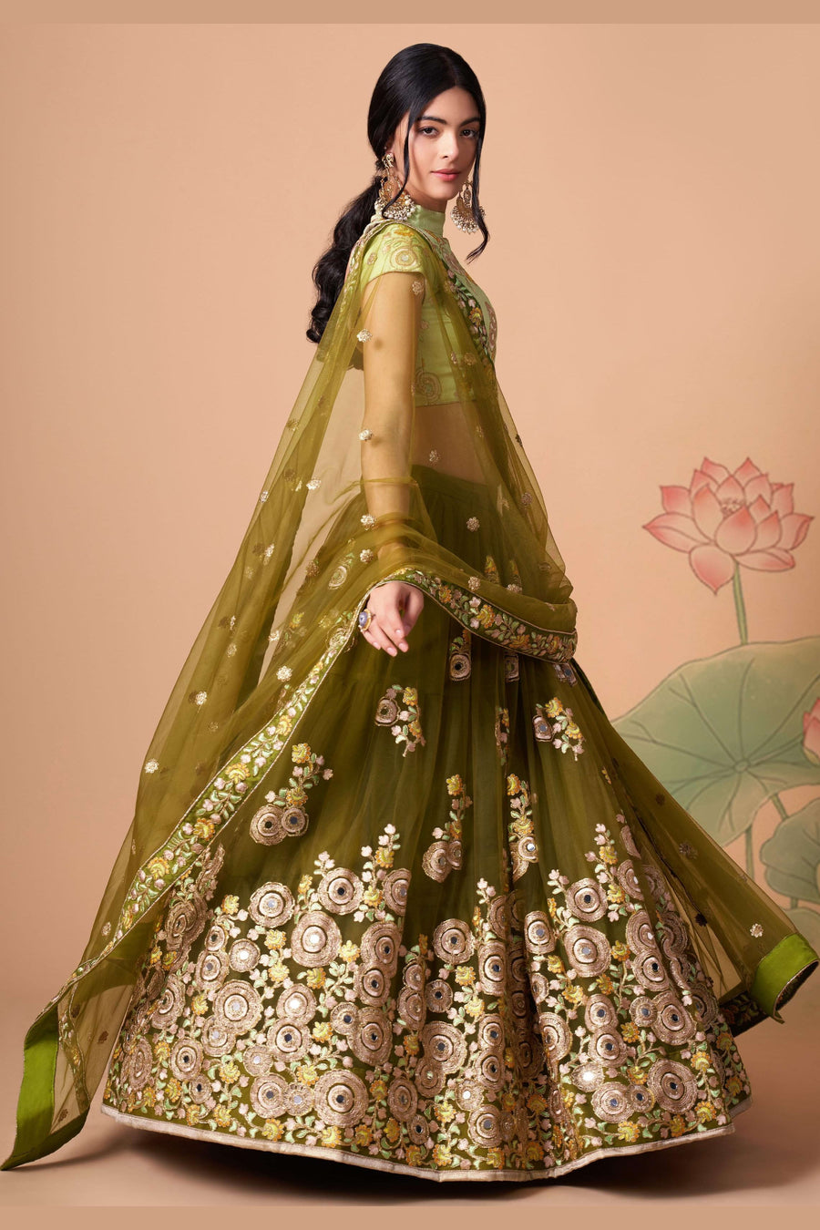 Olive Green Art Silk Lehenga Choli For Indian & Pakistani Wedding Festival - Sequins & Thread Embroidery Work, Zari Work, Real Mirror Work, Mirr