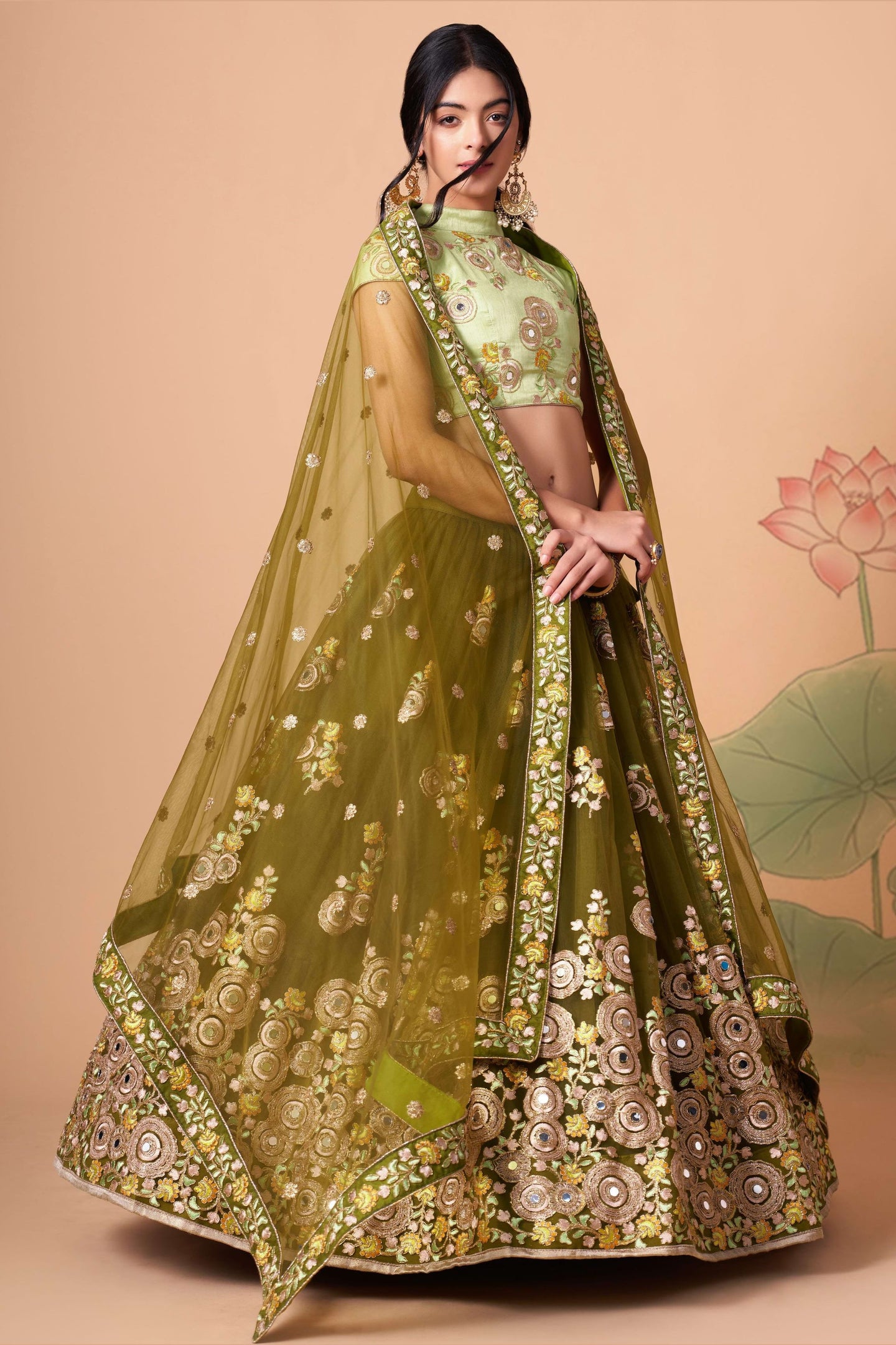 Olive Green Art Silk Lehenga Choli For Indian & Pakistani Wedding Festival - Sequins & Thread Embroidery Work, Zari Work, Real Mirror Work, Mirr