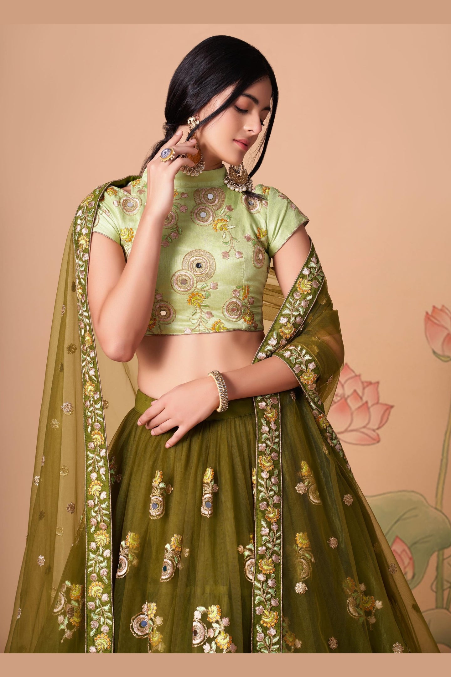 Olive Green Art Silk Lehenga Choli For Indian & Pakistani Wedding Festival - Sequins & Thread Embroidery Work, Zari Work, Real Mirror Work, Mirr