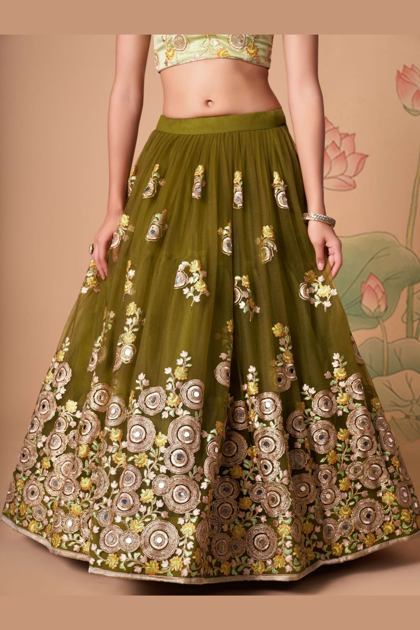 Olive Green Art Silk Lehenga Choli For Indian & Pakistani Wedding Festival - Sequins & Thread Embroidery Work, Zari Work, Real Mirror Work, Mirr