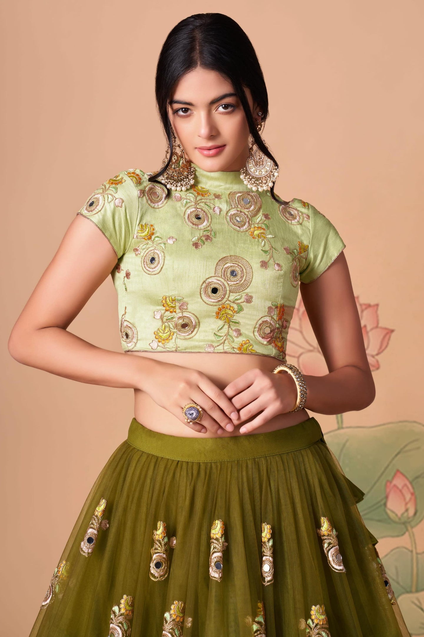 Olive Green Art Silk Lehenga Choli For Indian & Pakistani Wedding Festival - Sequins & Thread Embroidery Work, Zari Work, Real Mirror Work, Mirr