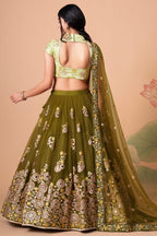 Olive Green Art Silk Lehenga Choli For Indian & Pakistani Wedding Festival - Sequins & Thread Embroidery Work, Zari Work, Real Mirror Work, Mirr