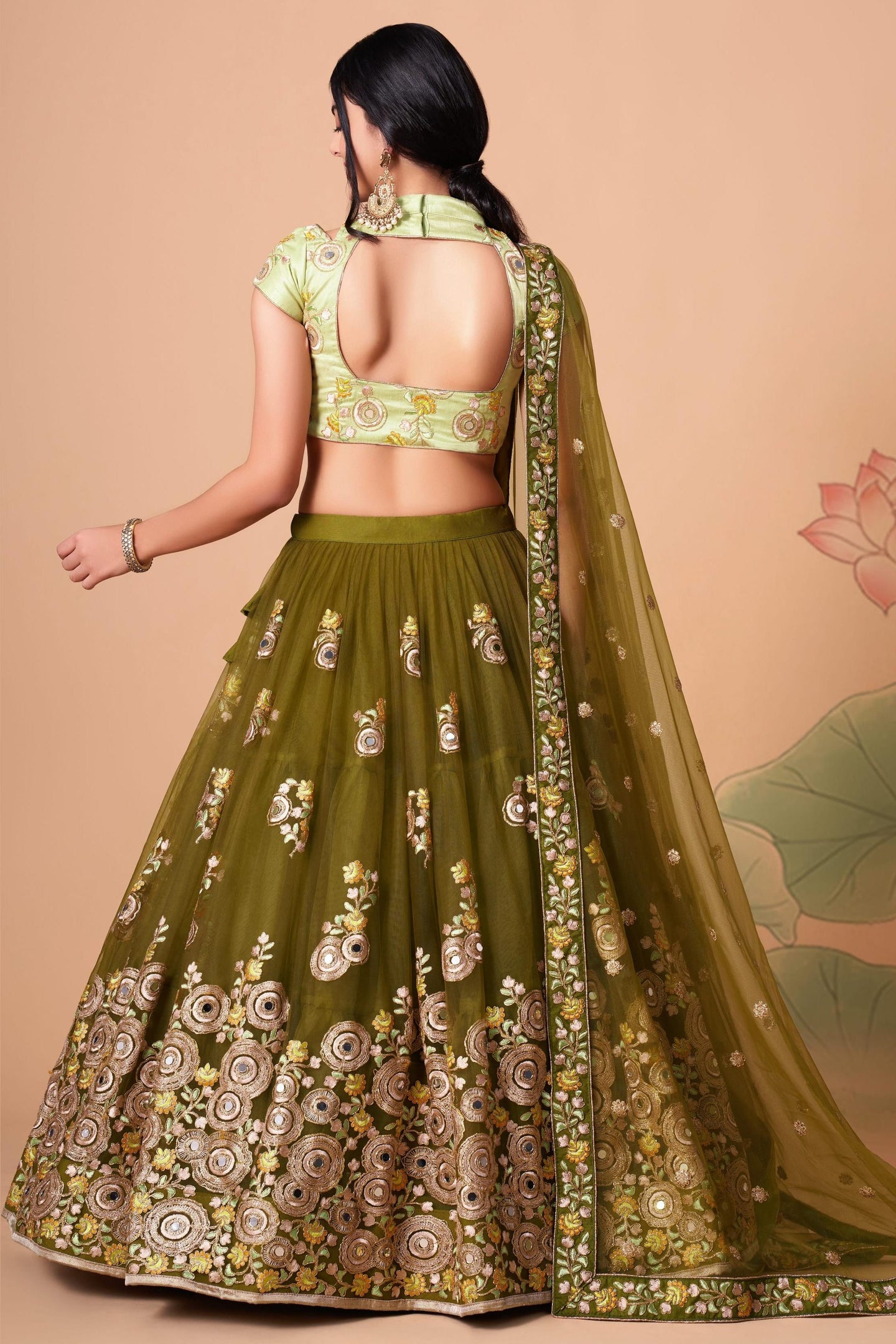 Olive Green Art Silk Lehenga Choli For Indian & Pakistani Wedding Festival - Sequins & Thread Embroidery Work, Zari Work, Real Mirror Work, Mirr