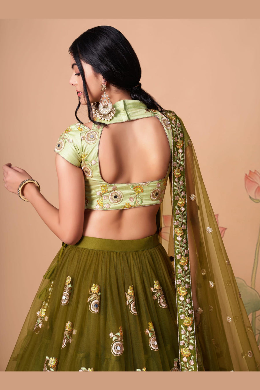 Olive Green Art Silk Lehenga Choli For Indian & Pakistani Wedding Festival - Sequins & Thread Embroidery Work, Zari Work, Real Mirror Work, Mirr