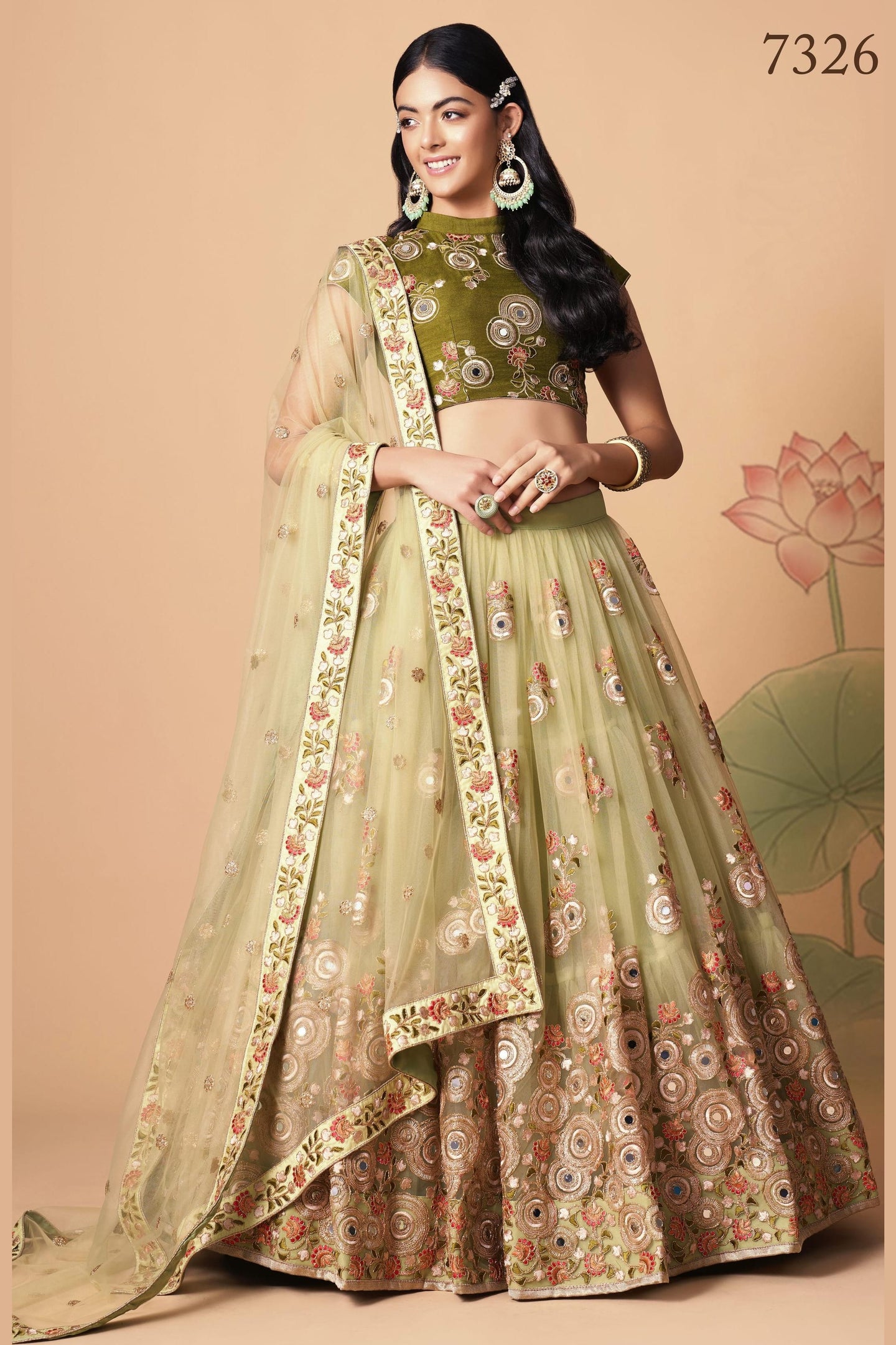 Pista Green Art Silk Lehenga Choli For Indian & Pakistani Wedding Festival - Sequins & Thread Embroidery Work, Zari Work, Real Mirror Work, Mirr