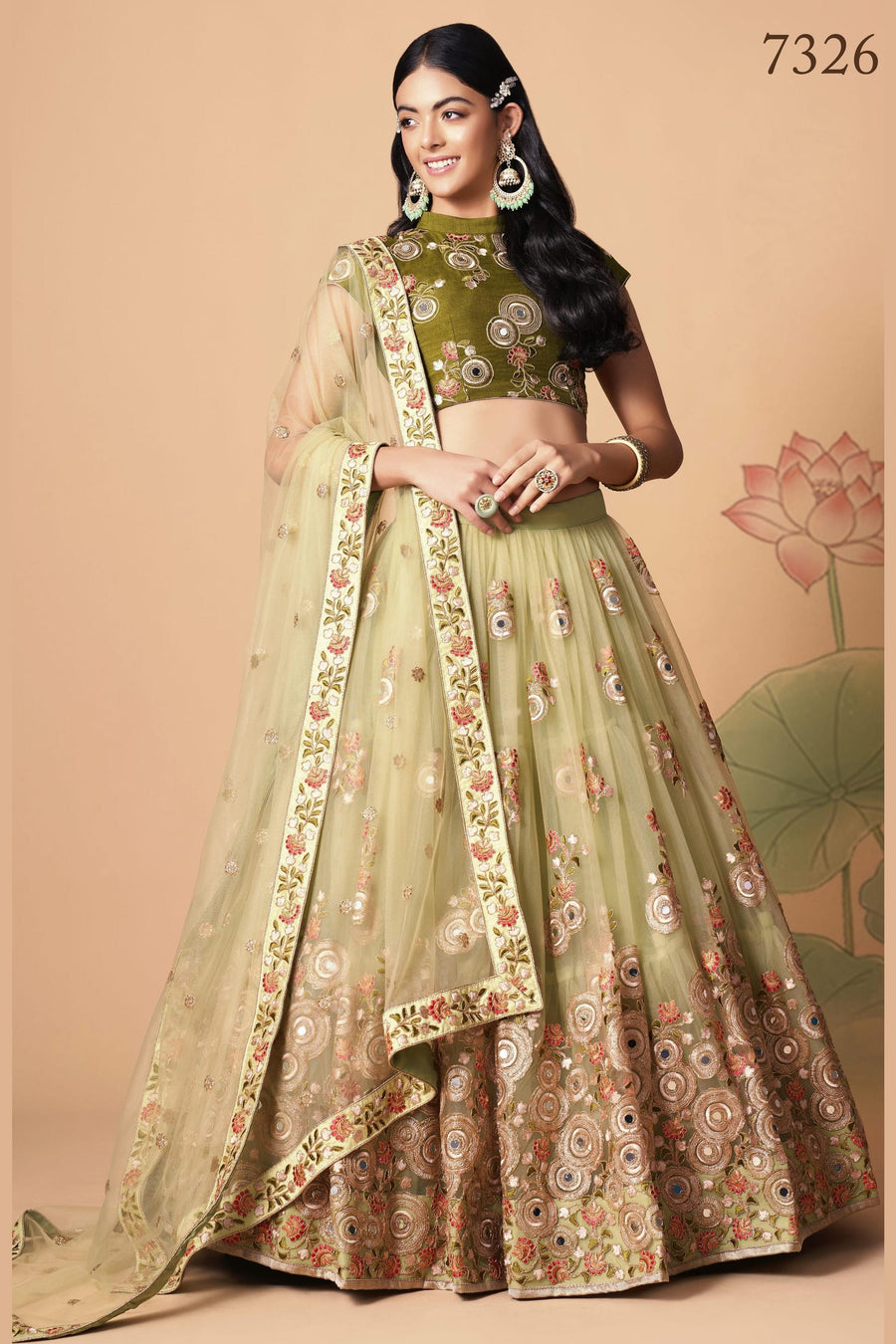 Pista Green Art Silk Lehenga Choli For Indian & Pakistani Wedding Festival - Sequins & Thread Embroidery Work, Zari Work, Real Mirror Work, Mirr