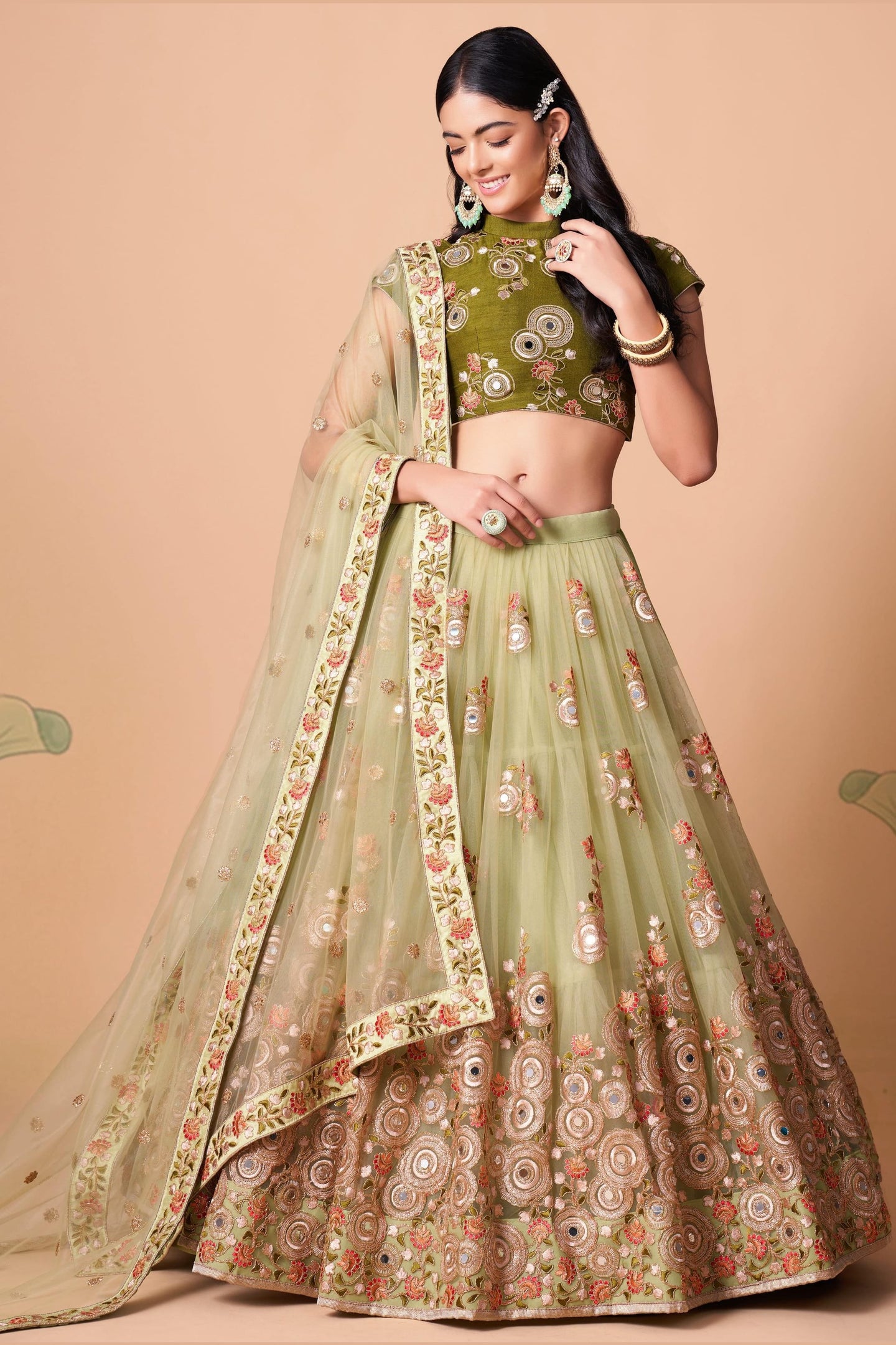 Pista Green Art Silk Lehenga Choli For Indian & Pakistani Wedding Festival - Sequins & Thread Embroidery Work, Zari Work, Real Mirror Work, Mirr