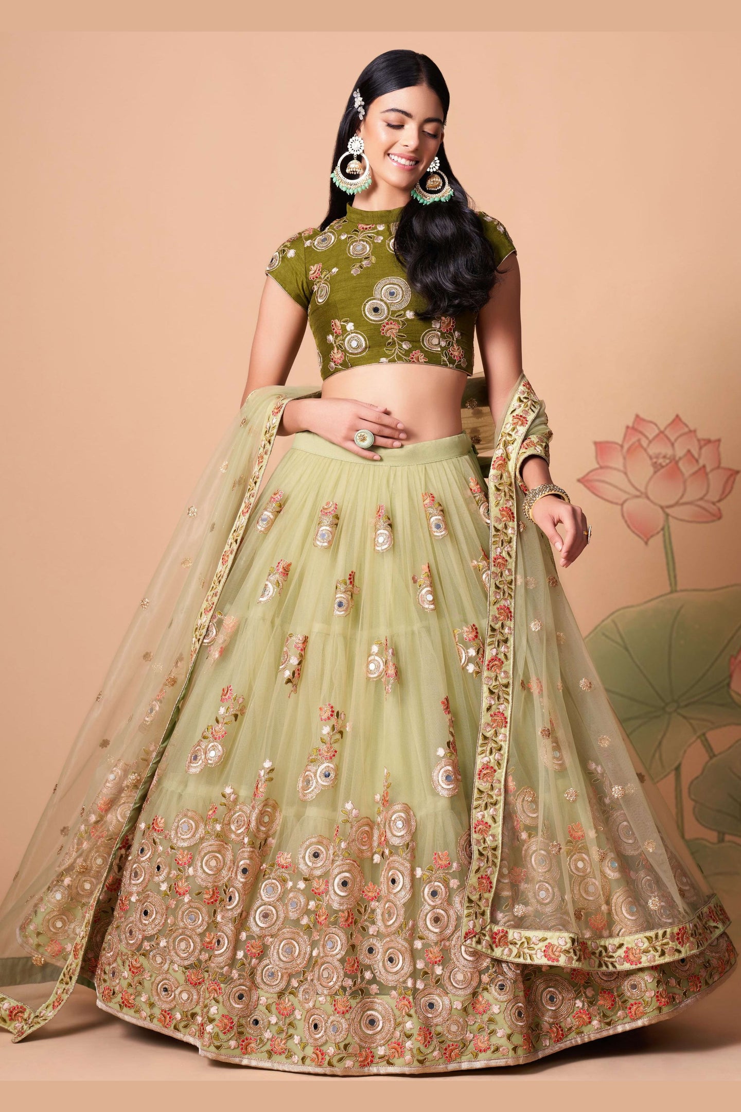 Pista Green Art Silk Lehenga Choli For Indian & Pakistani Wedding Festival - Sequins & Thread Embroidery Work, Zari Work, Real Mirror Work, Mirr