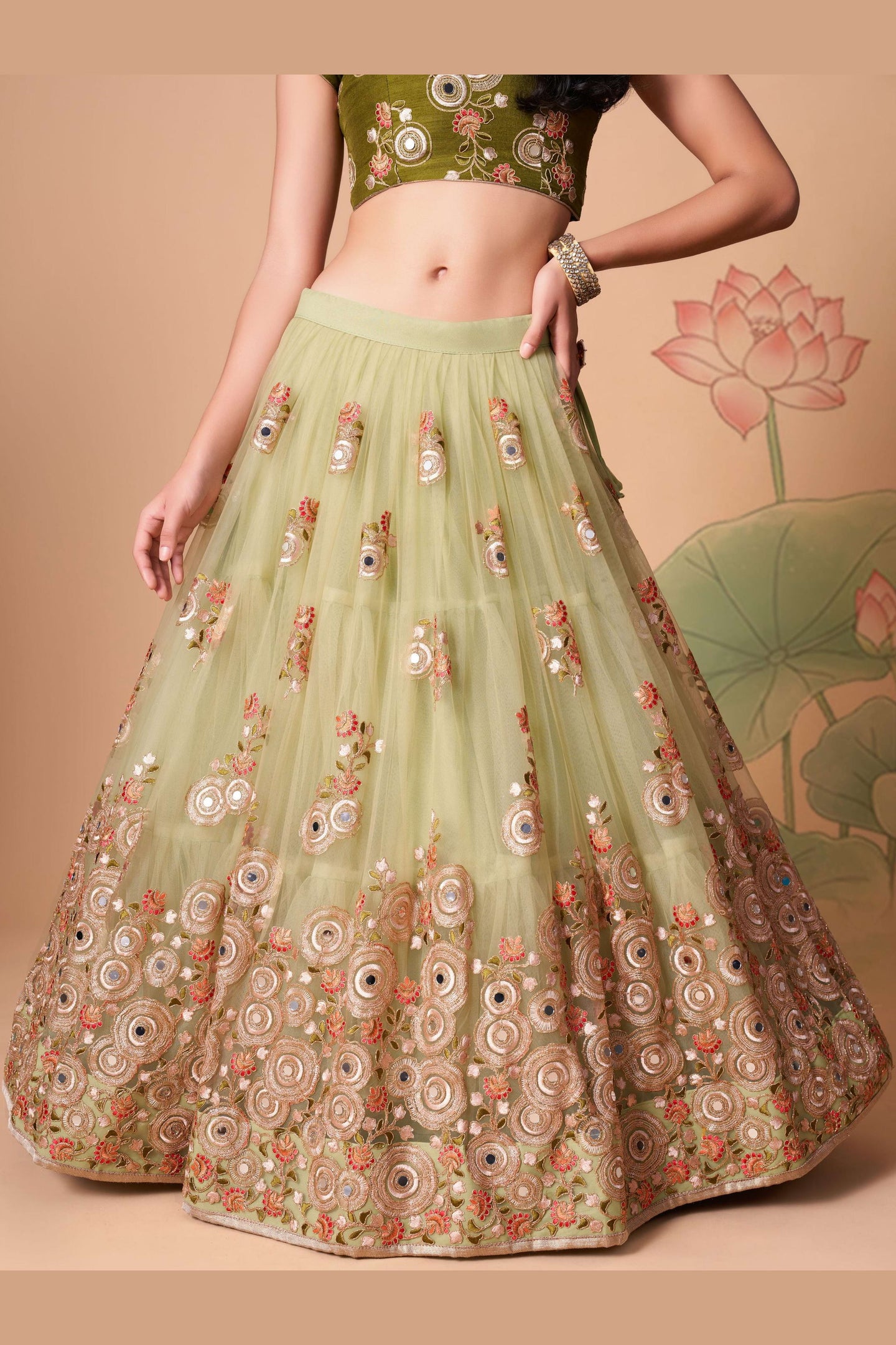 Pista Green Art Silk Lehenga Choli For Indian & Pakistani Wedding Festival - Sequins & Thread Embroidery Work, Zari Work, Real Mirror Work, Mirr