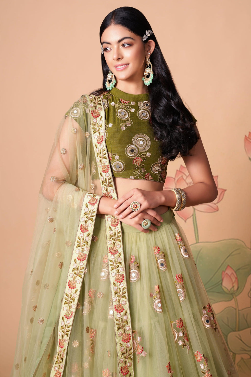 Pista Green Art Silk Lehenga Choli For Indian & Pakistani Wedding Festival - Sequins & Thread Embroidery Work, Zari Work, Real Mirror Work, Mirr