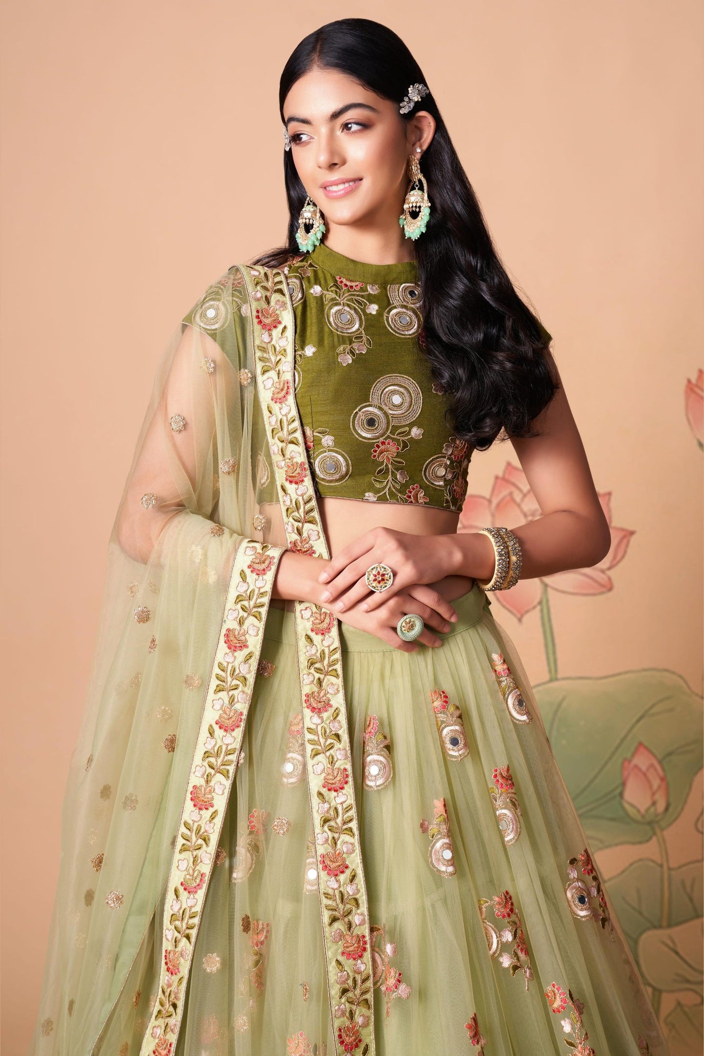 Pista Green Art Silk Lehenga Choli For Indian & Pakistani Wedding Festival - Sequins & Thread Embroidery Work, Zari Work, Real Mirror Work, Mirr