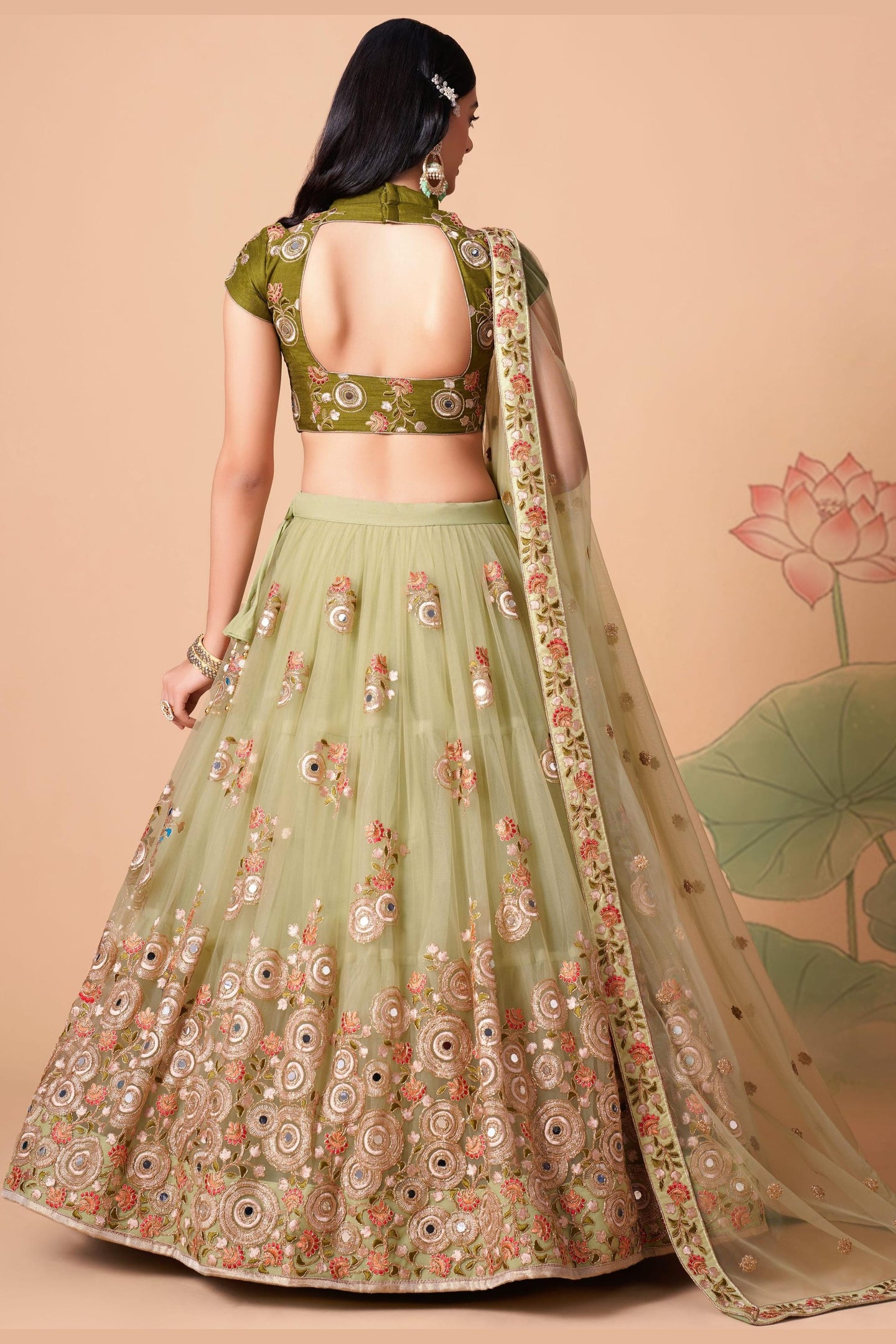 Pista Green Art Silk Lehenga Choli For Indian & Pakistani Wedding Festival - Sequins & Thread Embroidery Work, Zari Work, Real Mirror Work, Mirr