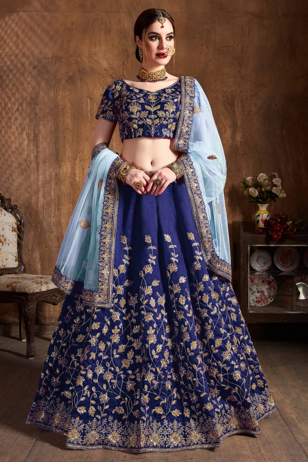 Navy Blue Raw Silk Lehenga for Wedding with Mukaish and Sequins Work