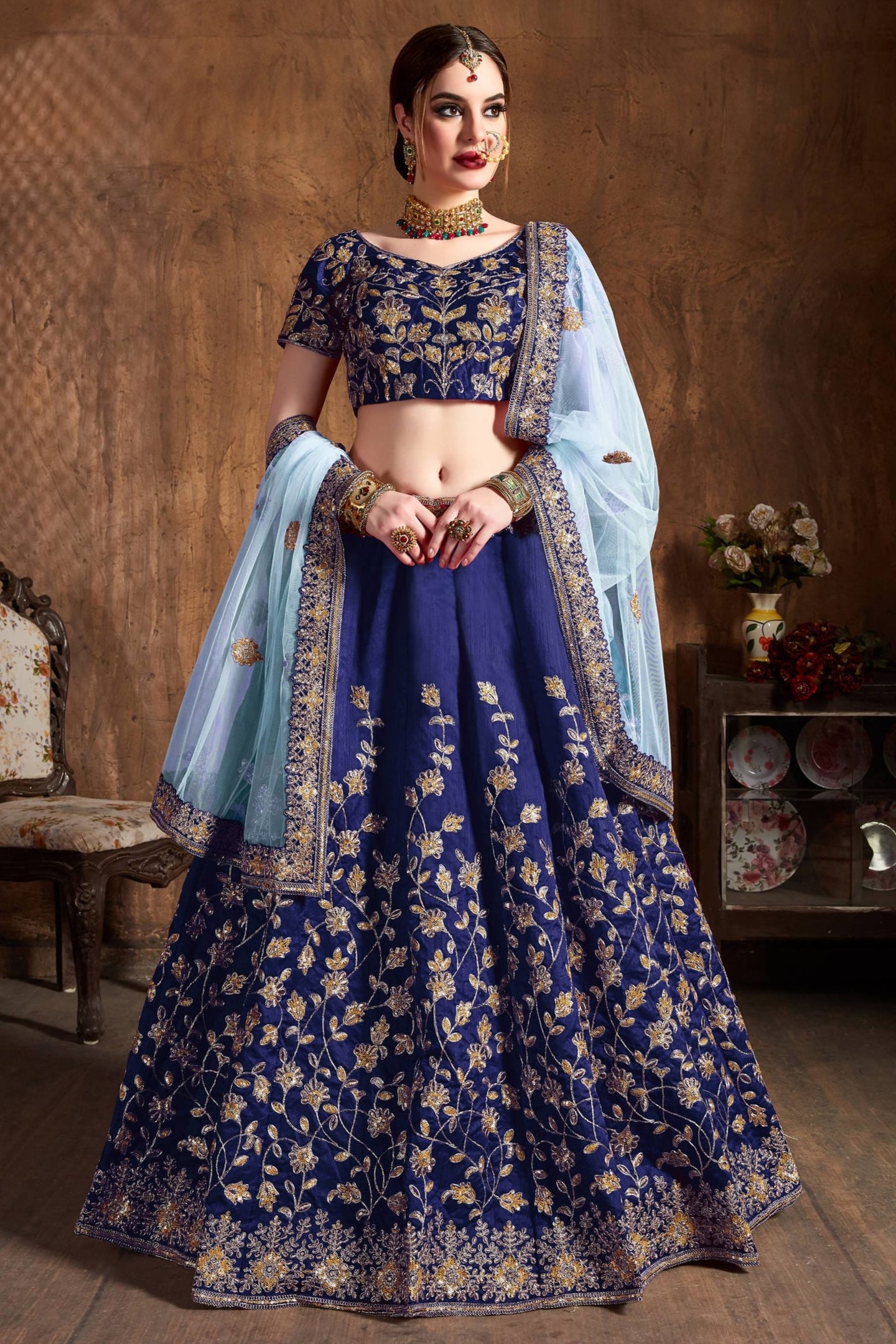 Navy Blue Raw Silk Lehenga for Wedding with Mukaish and Sequins Work
