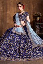 Navy Blue Raw Silk Lehenga for Wedding with Mukaish and Sequins Work